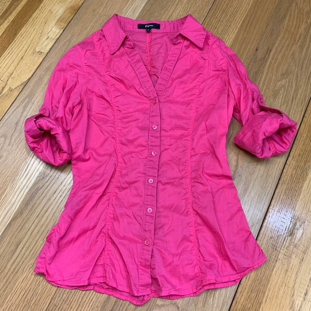 Express Womens Pink Button Down Shirt Roll Tab Sleeve Ruched V Neck Size Small